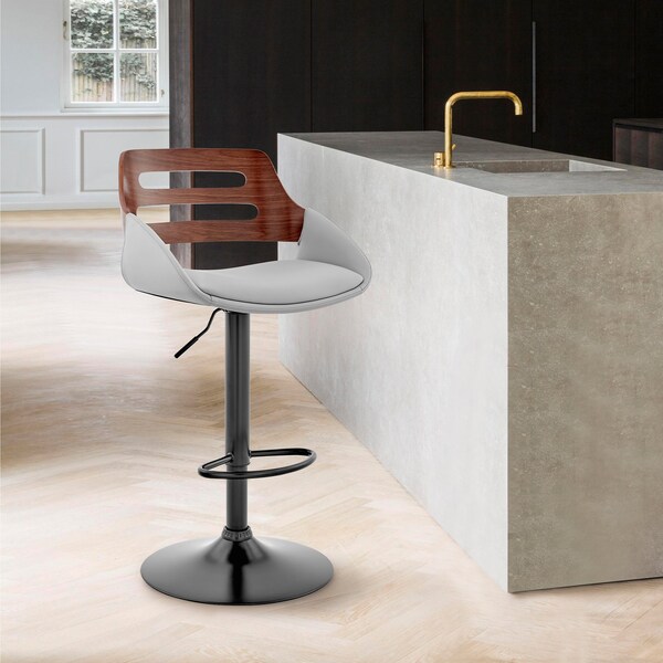 Armen Living Karter Adjustable Gray Faux Leather and Walnut Wood Bar Stool with Black Base - LCKTBAWABLGR
