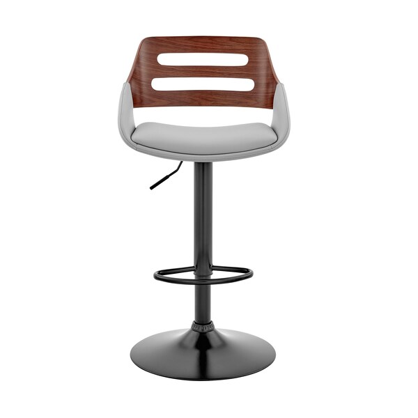 Armen Living Karter Adjustable Gray Faux Leather and Walnut Wood Bar Stool with Black Base - LCKTBAWABLGR
