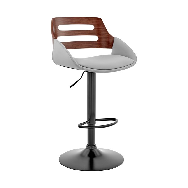 Armen Living Karter Adjustable Gray Faux Leather and Walnut Wood Bar Stool with Black Base - LCKTBAWABLGR