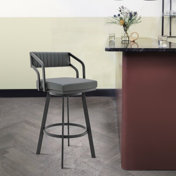 Armen Living Scranton 26" Swivel Modern Black Metal and Slate Gray Faux Leather Barstool - 721535752263