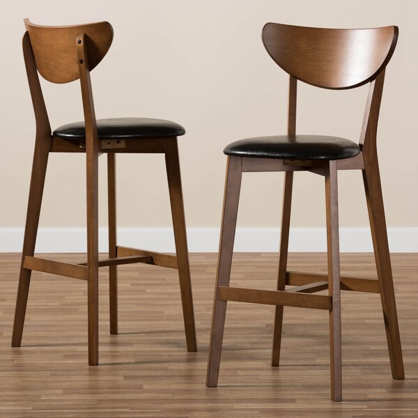 Baxton Studio Eline Black Faux Leather Upholstered Walnut Finished Bar Stool, PK2 - 144-8076