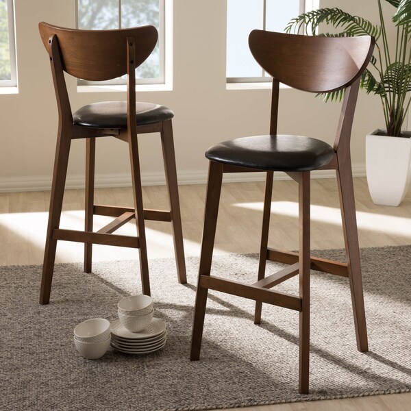 Baxton Studio Eline Black Faux Leather Upholstered Walnut Finished Bar Stool, PK2 - 144-8076