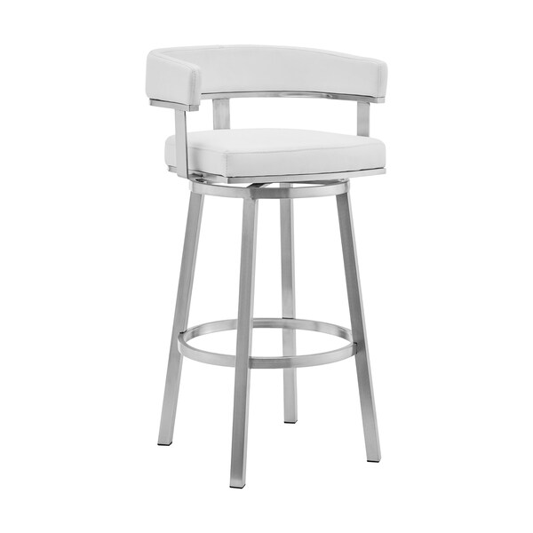 Armen Living Cohen 26" White Faux Leather and Brushed Stainless Steel Swivel Bar Stool - 721535762187
