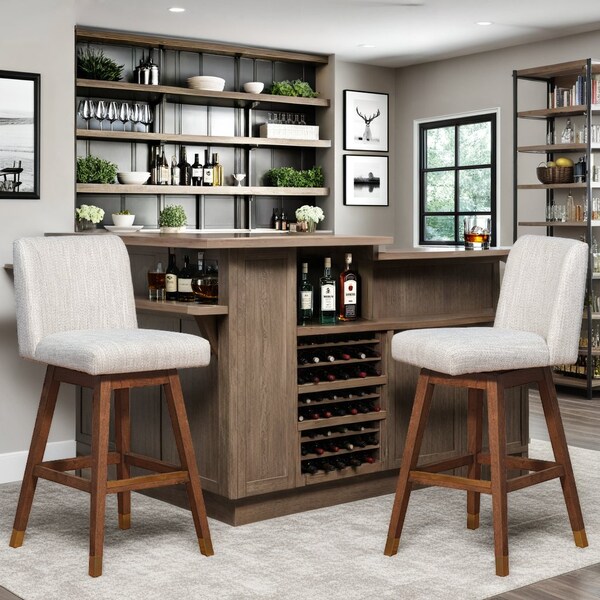 Armen Living Basila Swivel Bar Stool in Brown Oak Wood Finish with Beige Fabric - 840254332188