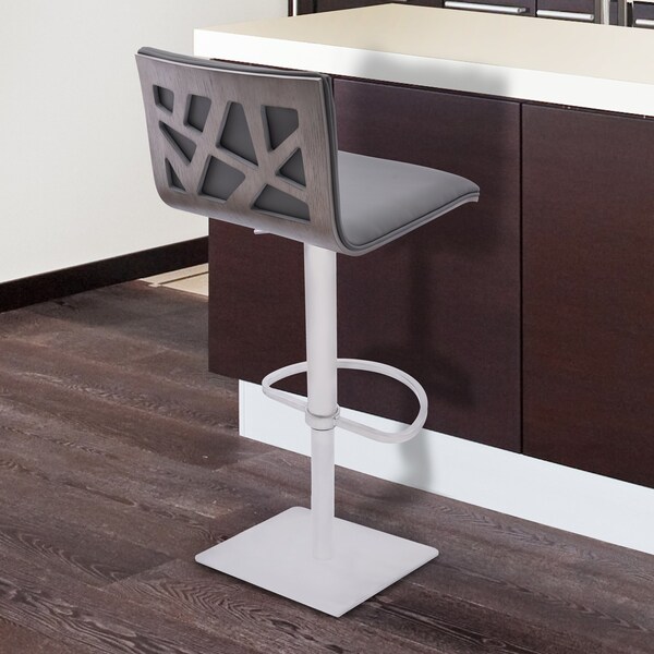 Armen Living Crystal Adjustable Height Swivel Gray Faux Leather and Gray Walnut Bar Stool - LCCRBAGRBS