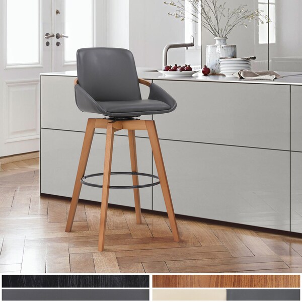 Armen Living Baylor 30" Gray Faux Leather and Walnut Wood Swivel Bar Stool - LCBABAWAGR30