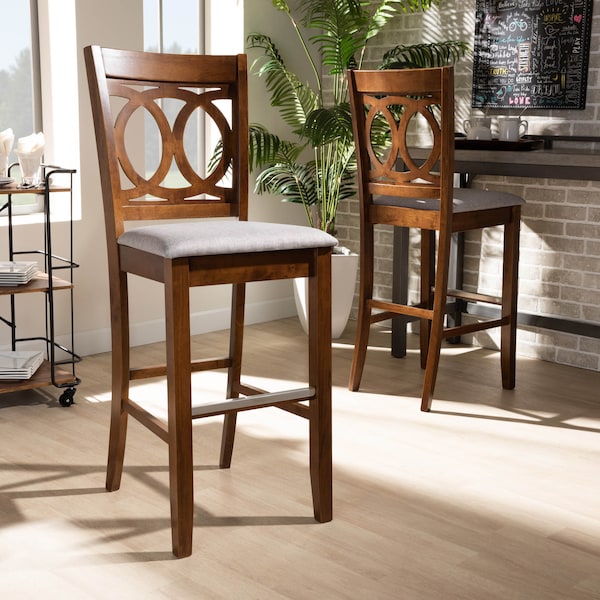 Baxton Studio Carson Grey Upholstered and Walnut Wood 2-Piece Bar Stool Set - 167-10858