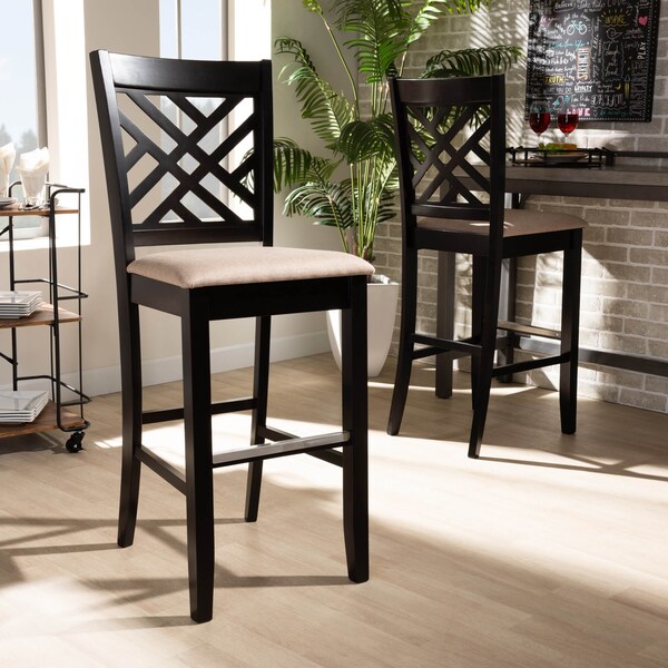Baxton Studio Jason Sand Upholstered and Espresso Wood 2-Piece Bar Stool Set - 167-10850