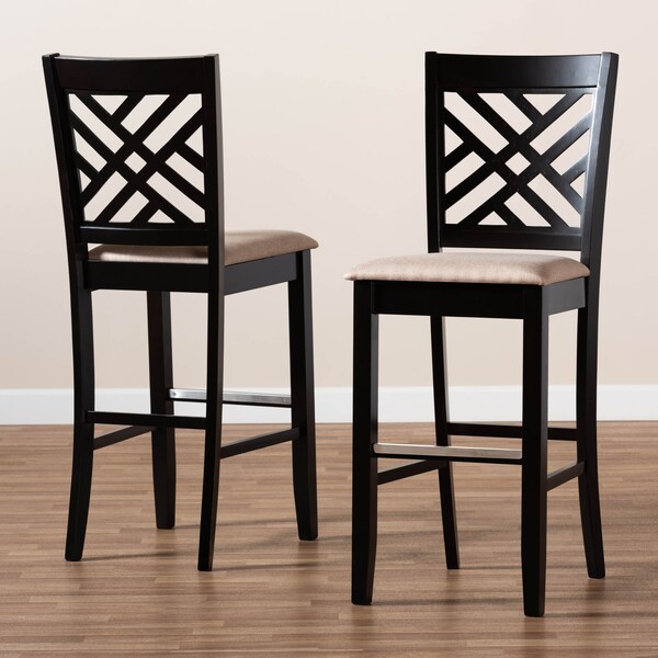 Baxton Studio Jason Sand Upholstered and Espresso Wood 2-Piece Bar Stool Set - 167-10850