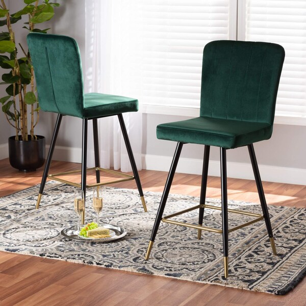 Baxton Studio Preston Modern Luxe and Glam Green Velvet Upholstered and Two-Tone Metal 2-Piece Bar Stool Set - SET OF 2 190-11785-ZORO