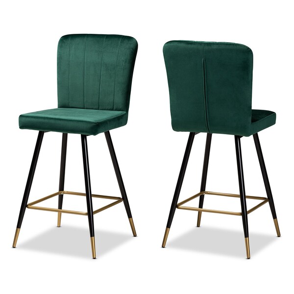 Baxton Studio Preston Modern Luxe and Glam Green Velvet Upholstered and Two-Tone Metal 2-Piece Bar Stool Set - SET OF 2 190-11785-ZORO