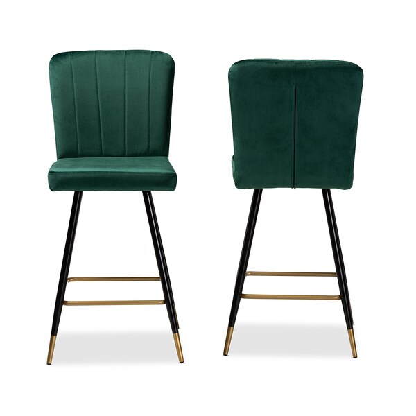 Baxton Studio Preston Modern Luxe and Glam Green Velvet Upholstered and Two-Tone Metal 2-Piece Bar Stool Set - SET OF 2 190-11785-ZORO