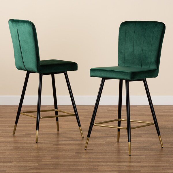 Baxton Studio Preston Modern Luxe and Glam Green Velvet Upholstered and Two-Tone Metal 2-Piece Bar Stool Set - SET OF 2 190-11785-ZORO