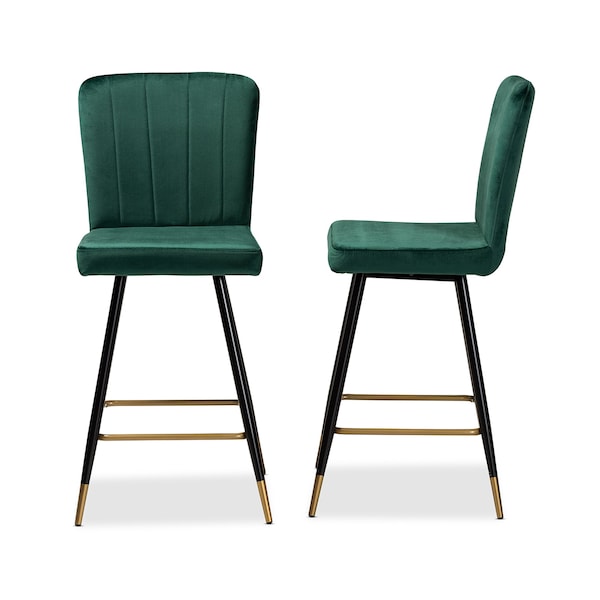 Baxton Studio Preston Modern Luxe and Glam Green Velvet Upholstered and Two-Tone Metal 2-Piece Bar Stool Set - SET OF 2 190-11785-ZORO