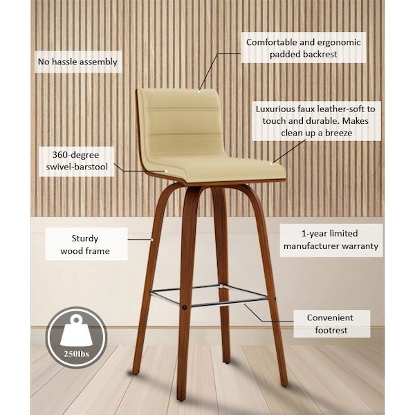 Armen Living Vienna 30" Swivel Bar Stool in Walnut Wood Finish with Cream Faux Leather - LCVIBACRWA30