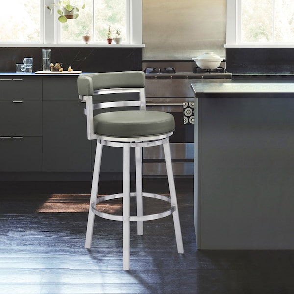 Armen Living Madrid 30" Bar Height Swivel Gray Faux Leather and Brushed Stainless Steel Bar Stool - LCMABABSGR30