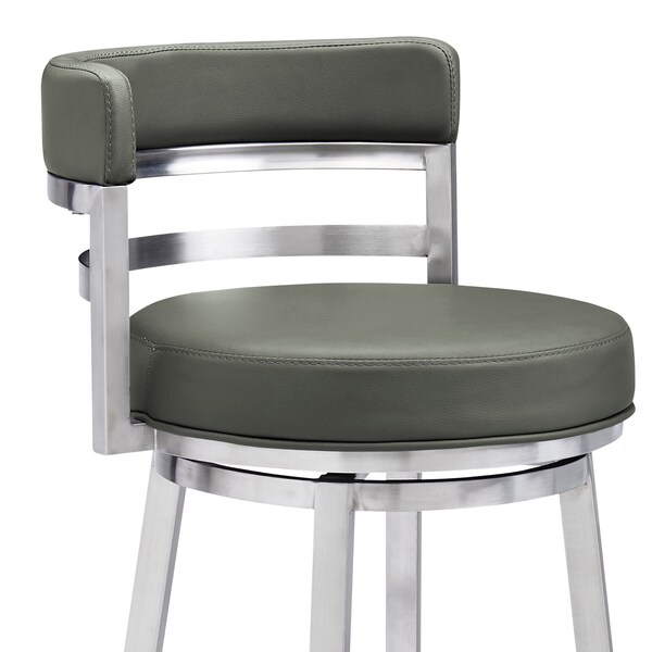Armen Living Madrid 30" Bar Height Swivel Gray Faux Leather and Brushed Stainless Steel Bar Stool - LCMABABSGR30