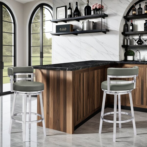Armen Living Madrid 30" Bar Height Swivel Gray Faux Leather and Brushed Stainless Steel Bar Stool - LCMABABSGR30