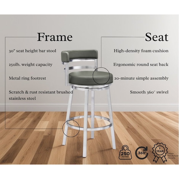 Armen Living Madrid 30" Bar Height Swivel Gray Faux Leather and Brushed Stainless Steel Bar Stool - LCMABABSGR30