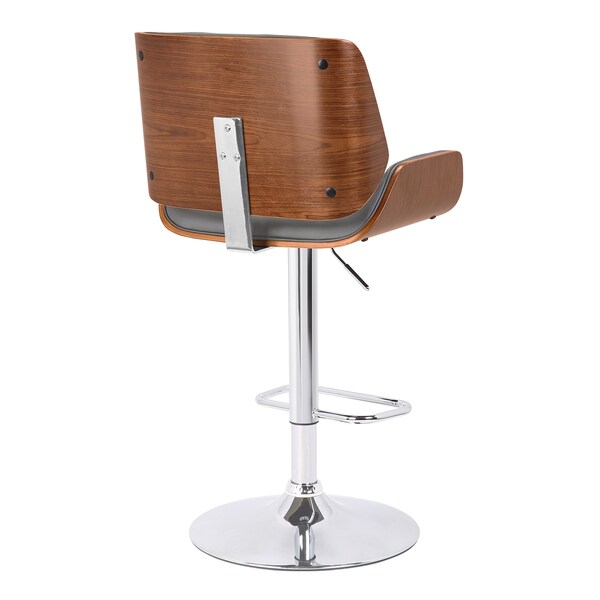 Armen Living London Gray Faux Leather Adjustable Height Swivel Walnut Wood and Chrome Bar Stool - LCLOSWBAGRWA