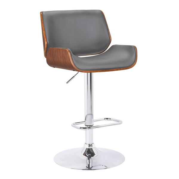 Armen Living London Gray Faux Leather Adjustable Height Swivel Walnut Wood and Chrome Bar Stool - LCLOSWBAGRWA