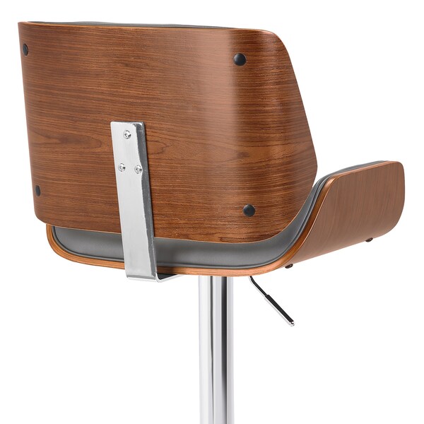 Armen Living London Gray Faux Leather Adjustable Height Swivel Walnut Wood and Chrome Bar Stool - LCLOSWBAGRWA