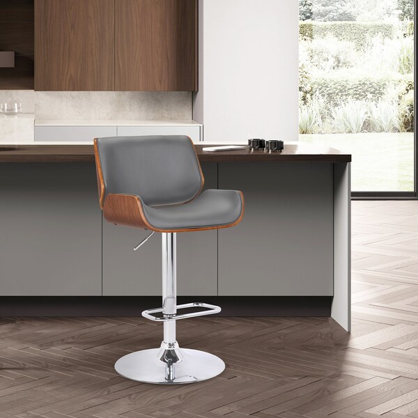 Armen Living London Gray Faux Leather Adjustable Height Swivel Walnut Wood and Chrome Bar Stool - LCLOSWBAGRWA