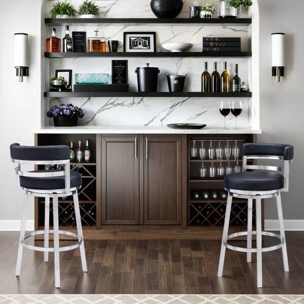 Armen Living Madrid 30" Bar Height Swivel Black Faux Leather and Brushed Stainless Steel Bar Stool - LCMABABSBL30