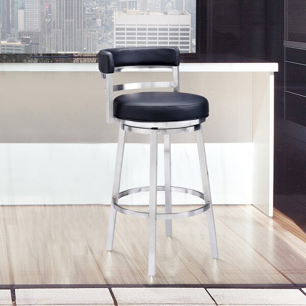 Armen Living Madrid 30" Bar Height Swivel Black Faux Leather and Brushed Stainless Steel Bar Stool - LCMABABSBL30