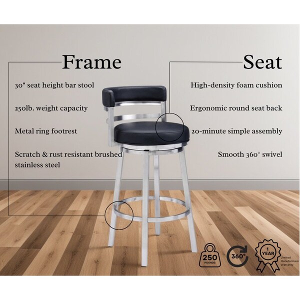 Armen Living Madrid 30" Bar Height Swivel Black Faux Leather and Brushed Stainless Steel Bar Stool - LCMABABSBL30
