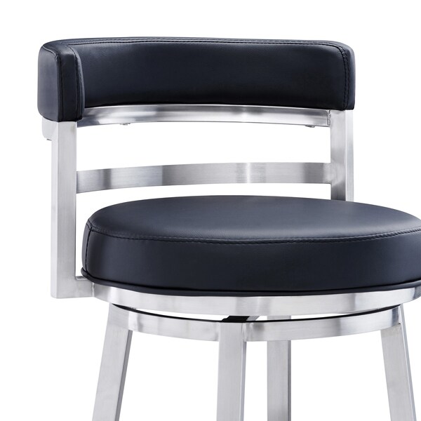 Armen Living Madrid 30" Bar Height Swivel Black Faux Leather and Brushed Stainless Steel Bar Stool - LCMABABSBL30