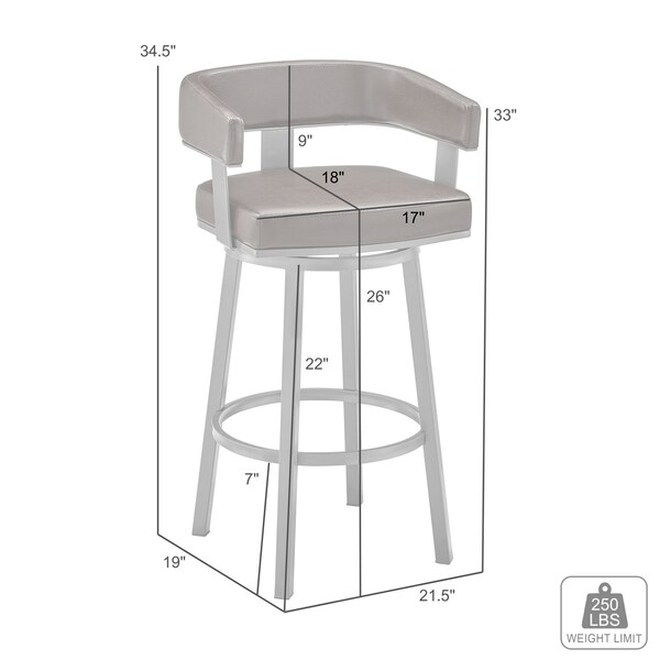 Armen Living Cohen 26" Gray Faux Leather and Brushed Stainless Steel Swivel Bar Stool - 721535762163