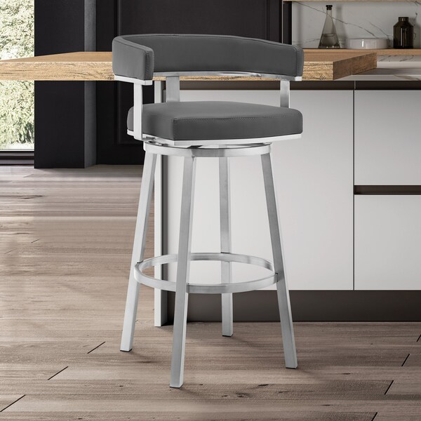 Armen Living Cohen 26" Gray Faux Leather and Brushed Stainless Steel Swivel Bar Stool - 721535762163