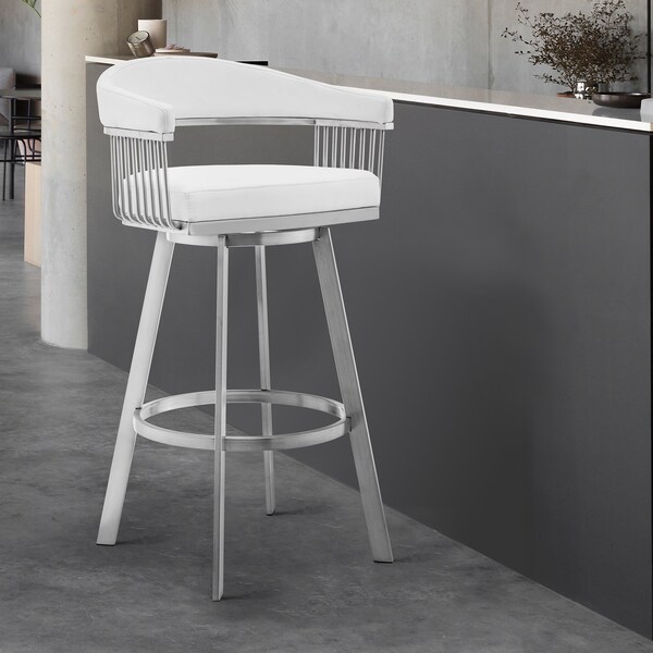 Armen Living Bronson 29" White Faux Leather and Brushed Stainless Steel Swivel Bar Stool - 721535762255
