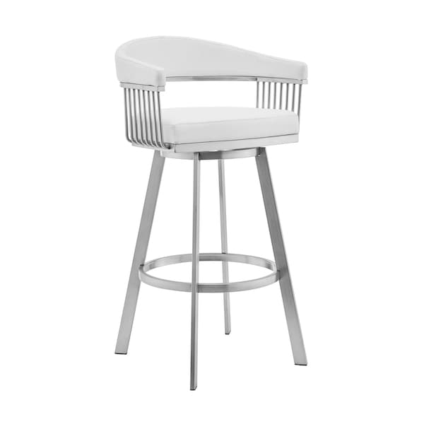 Armen Living Bronson 29" White Faux Leather and Brushed Stainless Steel Swivel Bar Stool - 721535762255