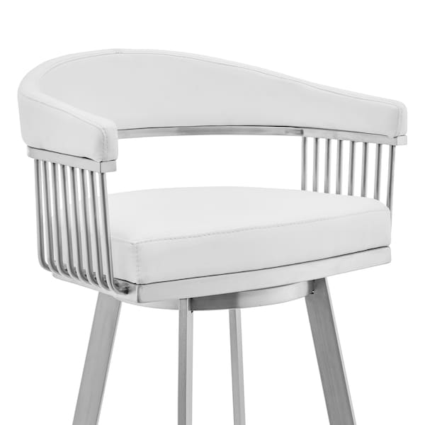 Armen Living Bronson 29" White Faux Leather and Brushed Stainless Steel Swivel Bar Stool - 721535762255