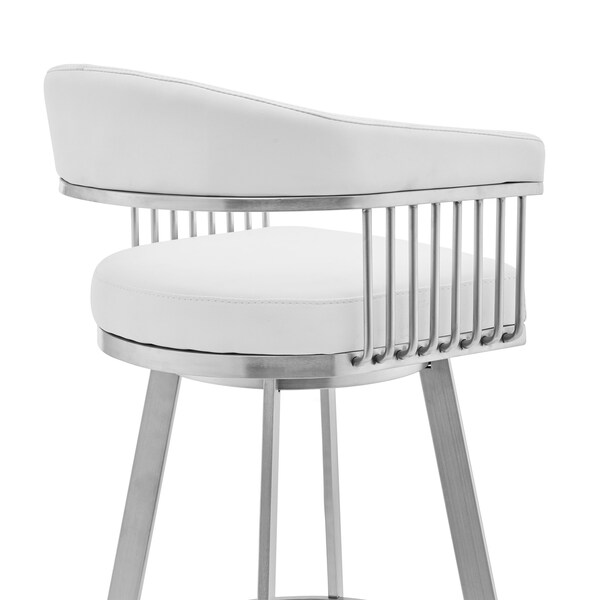 Armen Living Bronson 29" White Faux Leather and Brushed Stainless Steel Swivel Bar Stool - 721535762255