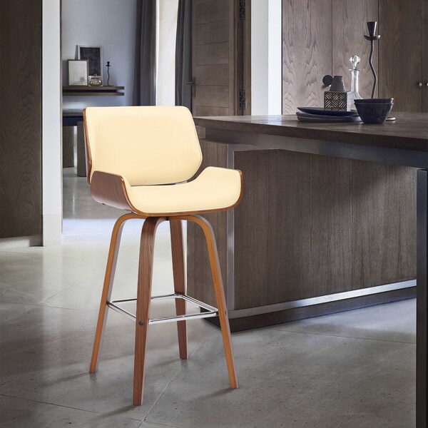 Armen Living Tyler 30" Bar Height Swivel Cream Faux Leather and Walnut Wood Bar Stool - LCTYBACRWA30