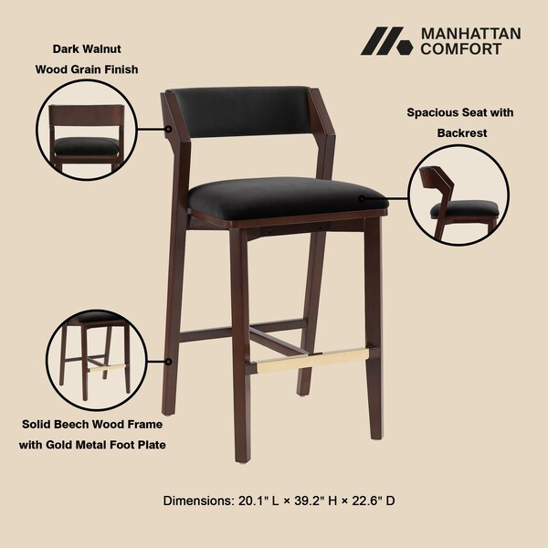 Manhattan Comfort Patricia Barstool in Black - Set of 3 - 3-BS026-BK