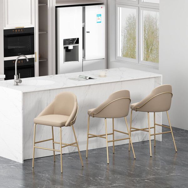 Manhattan Comfort Gracie Barstool in Tan and Gold - Set of 3 - 3-BS022-GTN