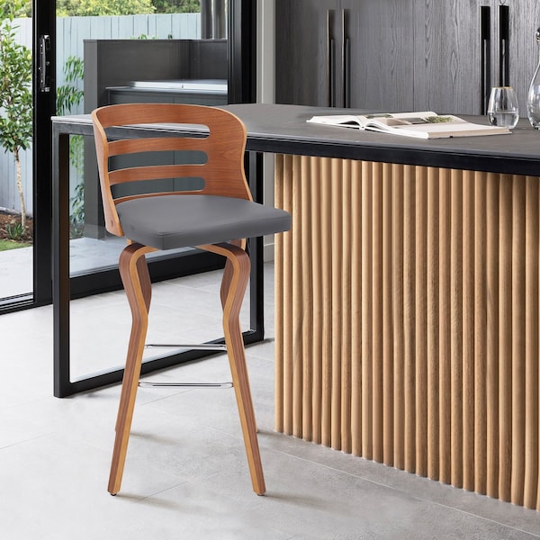 Armen Living Verne 30" Swivel Gray Faux Leather and Walnut Wood Bar Stool - LCVRBAWAGR30
