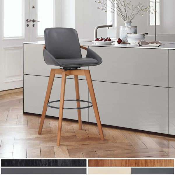 Armen Living Baylor 26" Gray Faux Leather and Walnut Wood Swivel Bar Stool - LCBABAWAGR26