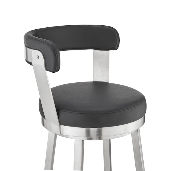 Armen Living Bryant 30" Bar Height Swivel Bar Stool in Brushed Stainless Steel Finish and Black Faux Leather - LCBYBABSBL30