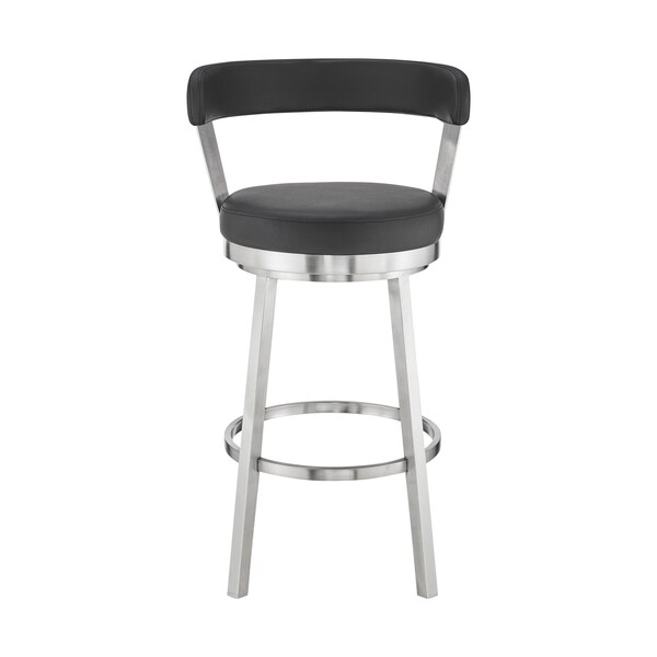 Armen Living Bryant 30" Bar Height Swivel Bar Stool in Brushed Stainless Steel Finish and Black Faux Leather - LCBYBABSBL30