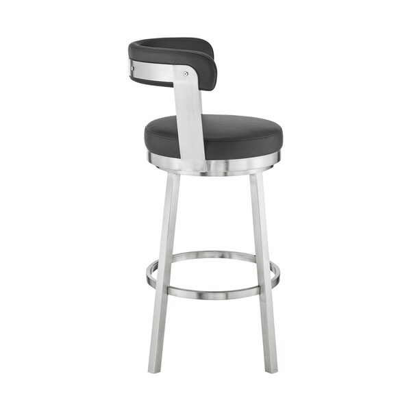 Armen Living Bryant 30" Bar Height Swivel Bar Stool in Brushed Stainless Steel Finish and Black Faux Leather - LCBYBABSBL30