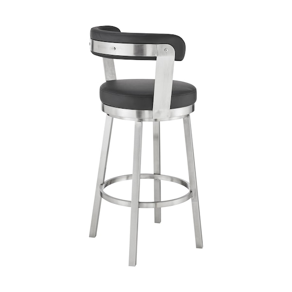 Armen Living Bryant 30" Bar Height Swivel Bar Stool in Brushed Stainless Steel Finish and Black Faux Leather - LCBYBABSBL30