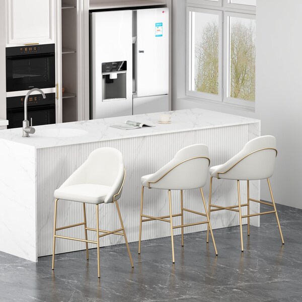 Manhattan Comfort Gracie Barstool in White and Gold - Set of 3 - 3-BS022-GWH