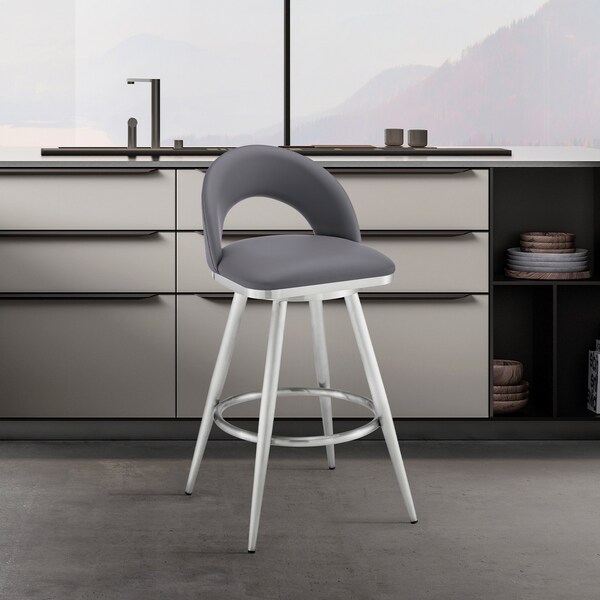 Armen Living Charlotte 30in Swivel Bar Stool in Brushed Stainless Steel with Gray Faux Leather - LCCHBABSSLGRY30