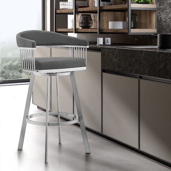 Armen Living Chelsea 29" Gray Faux Leather and Brushed Stainless Steel Swivel Bar Stool - LCCSBABSGR30