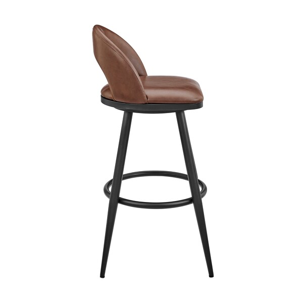 Armen Living Lottech Swivel Bar Stool in Black Metal with Brown Faux Leather - 840254335394